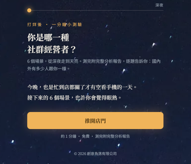 打烊後社群經營者測驗的起始畫面